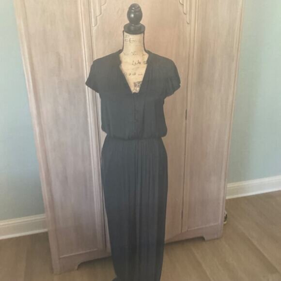 Anthropologie Current Air Black  wide leg jumpsuit pants  pleated ruched v neck - Picture 5 of 15